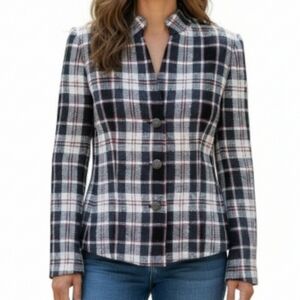 Kasper Boucle Blazer Size 14 Black White Red Plaid Decorative Buttons Wool Blend